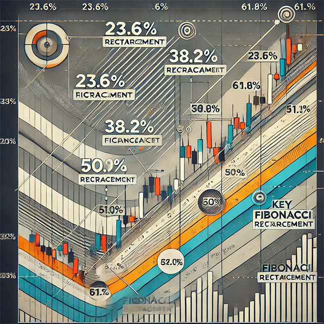 Fibonacci Retracement dalam trading, dengan menunjukkan grafik harga, level-level penting (23.6%, 38.2%, 50%, 61.8%), serta bagaimana harga cenderung bergerak saat mencapai level-level tersebut