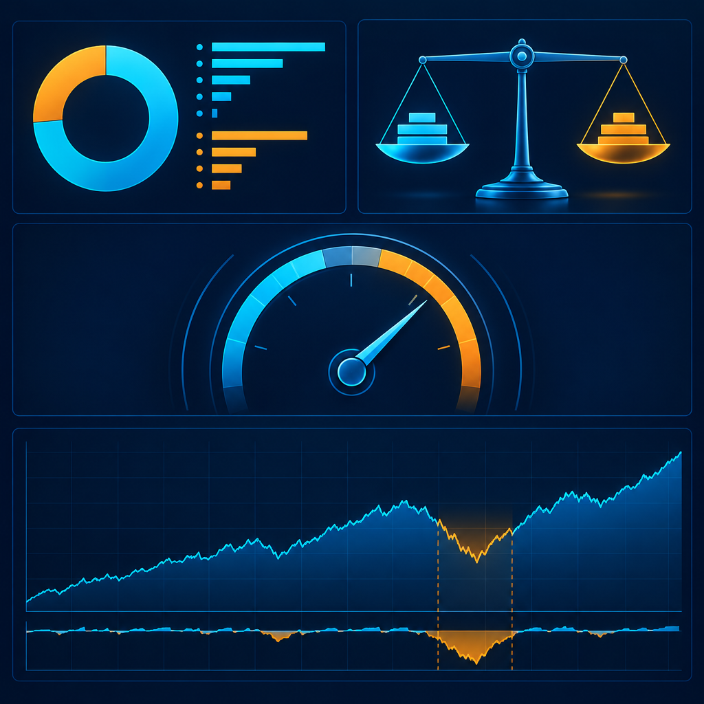 Dashboard metrik backtest yang menampilkan equity curve, expectancy, profit factor, dan drawdown.