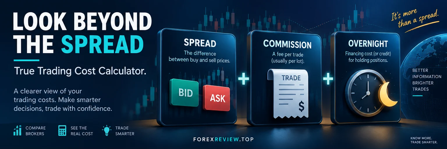 Ilustrasi tiga komponen biaya trading forex: spread, komisi, dan biaya menginap atau swap.