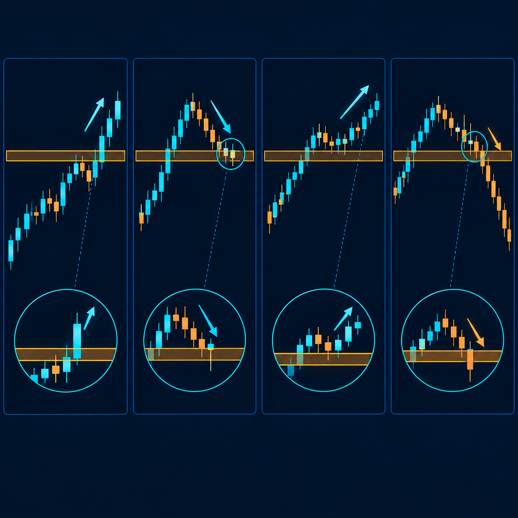 Diagram visual urutan breakout, retest, konfirmasi, dan invalidasi pada strategi forex.