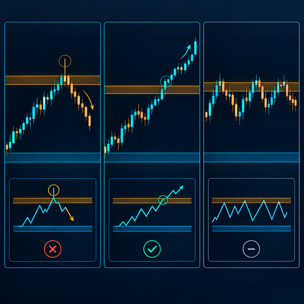 Diagram visual membandingkan false breakout, breakout terkonfirmasi, dan kondisi tidak trading.