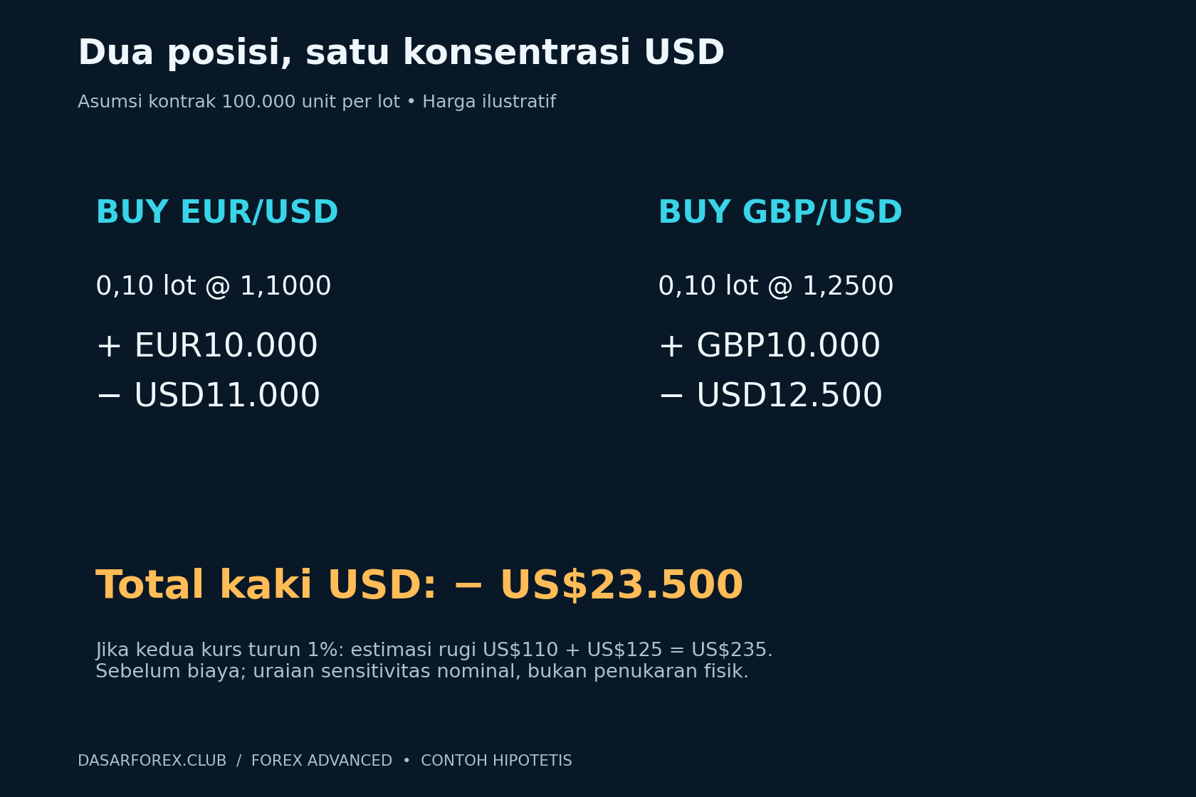 Buy EUR/USD dan GBP/USD masing-masing 0,10 lot menghasilkan eksposur short USD23.500