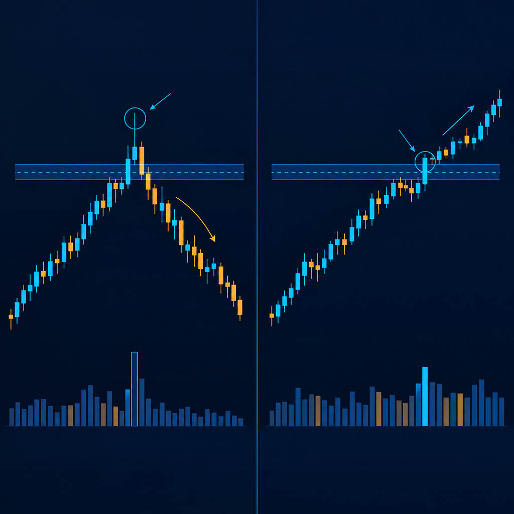 Perbandingan visual liquidity sweep dan breakout terkonfirmasi pada resistance forex.