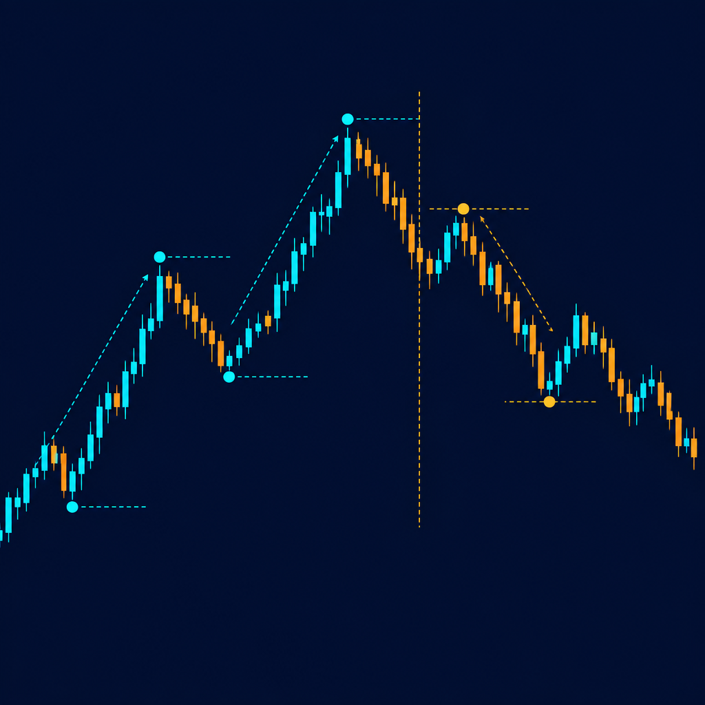 Diagram visual higher high, higher low, lower high, lower low, dan perubahan struktur pasar forex.