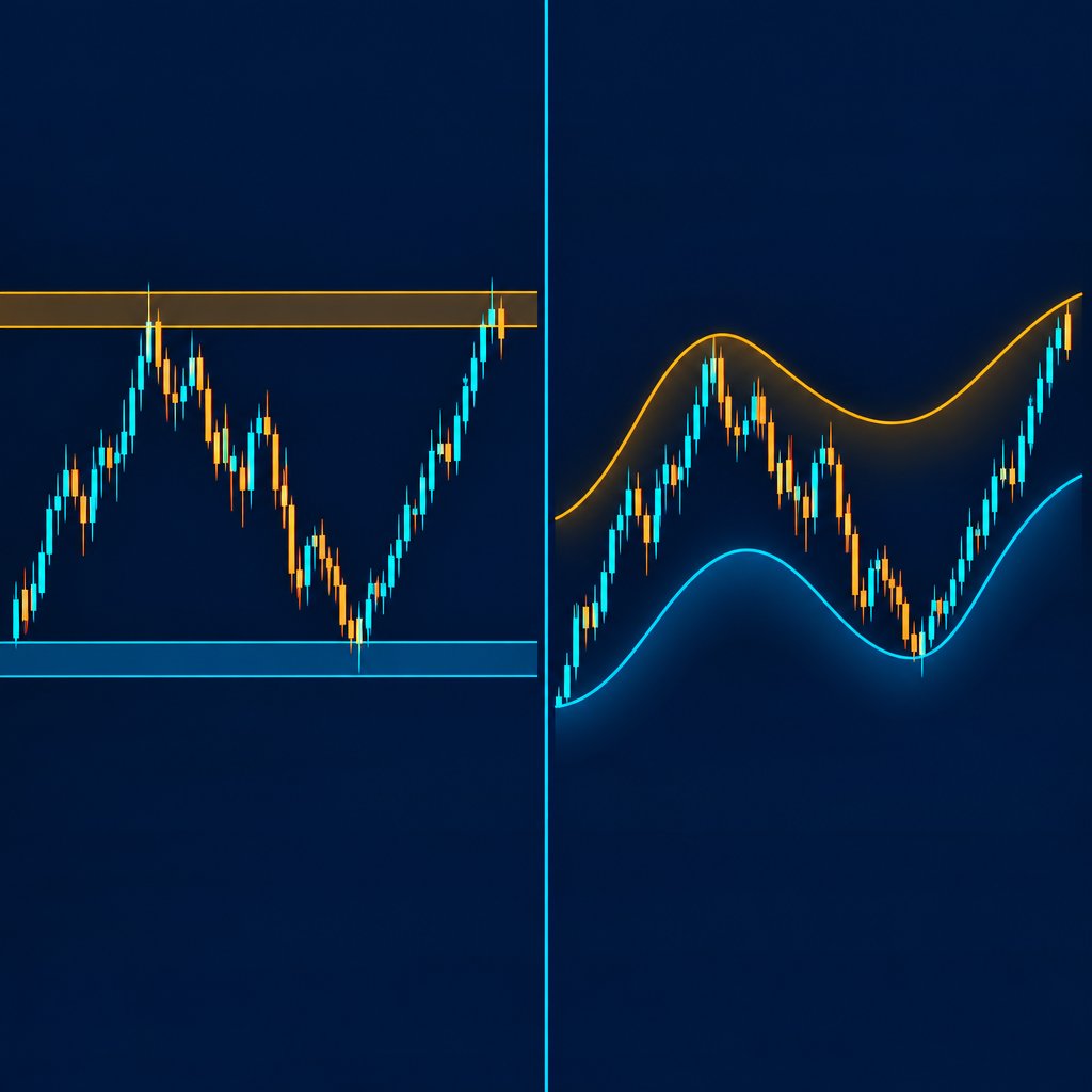 Diagram visual perbandingan support resistance statis dengan level dinamis seperti moving average atau VWAP.