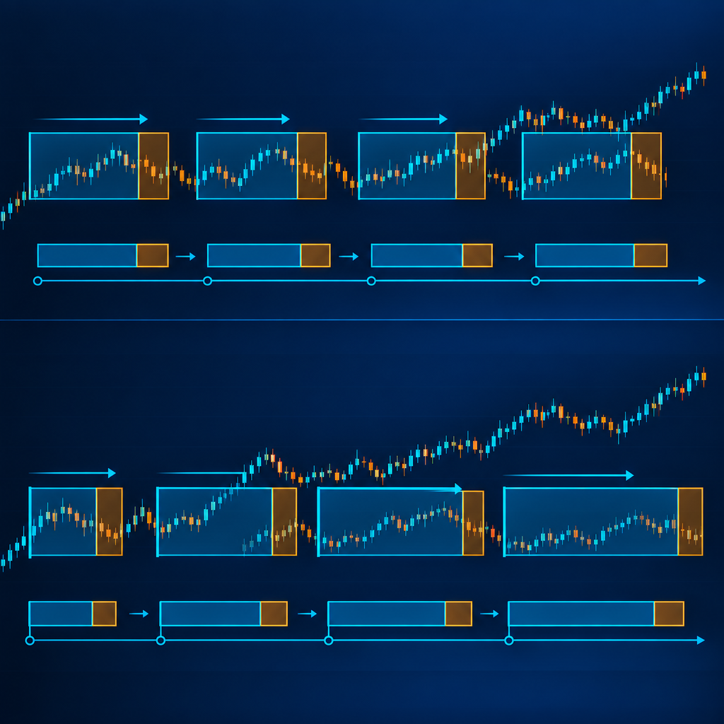 Diagram visual perbandingan rolling window dan anchored window untuk walk-forward analysis forex.