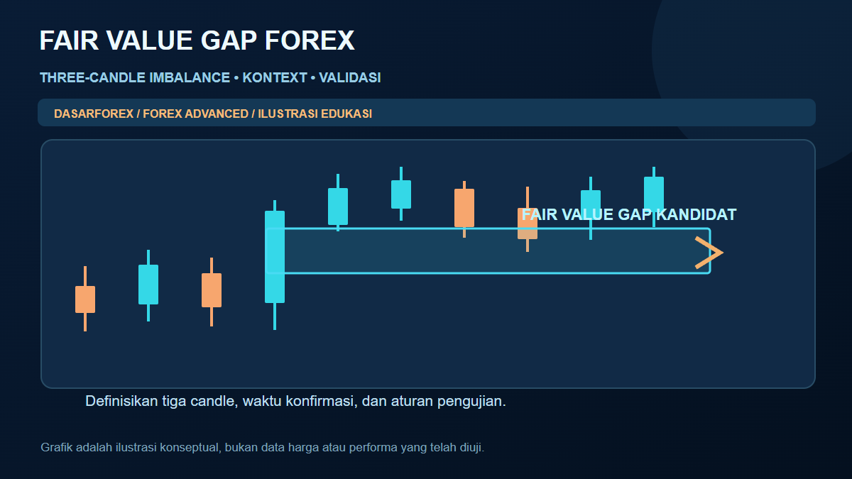 Infografik fair value gap forex: pola tiga candle, gap kandidat, dan batas area pengujian