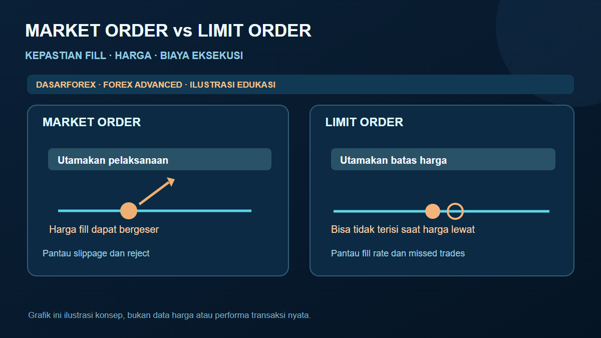 Diagram perbedaan market order dan limit order forex: kualitas harga, prioritas eksekusi dan risiko order tidak terisi.