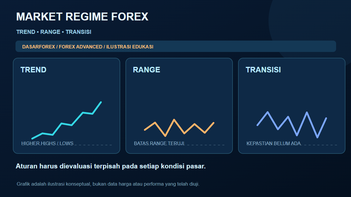 Ilustrasi tiga kondisi market regime forex: tren, ranging, dan transisi dengan grafik berbeda