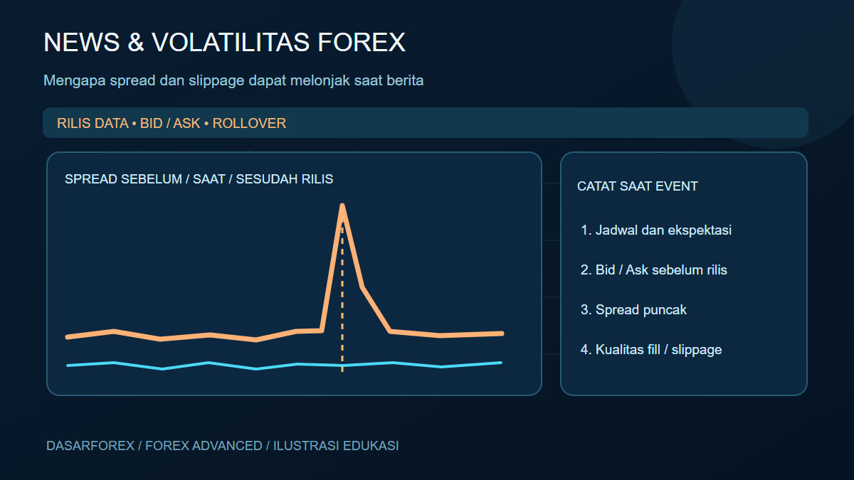 Diagram dampak rilis news terhadap lebar spread serta langkah audit Bid Ask