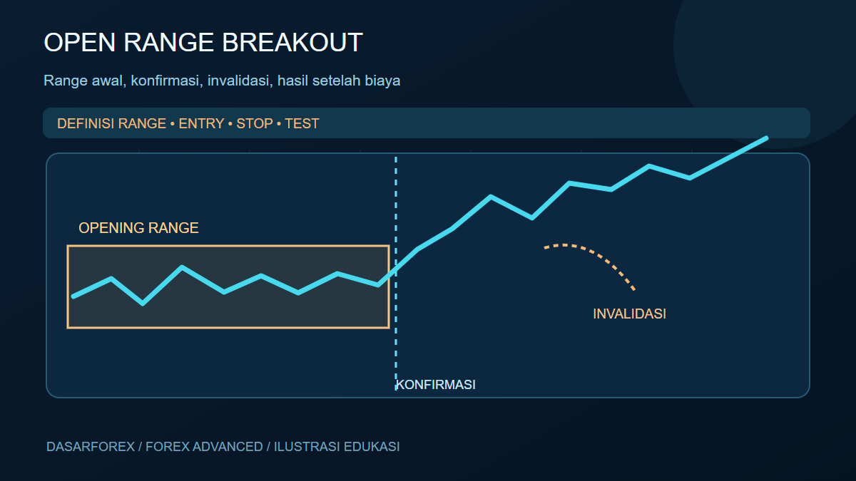 Visualisasi opening range, level high-low, konfirmasi breakout, dan invalidasi pada trading forex