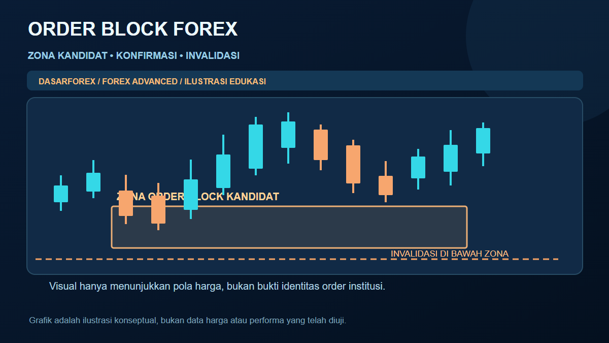 Diagram order block forex: zona kandidat sebelum pergerakan impulsif, retest, serta batas invalidasi