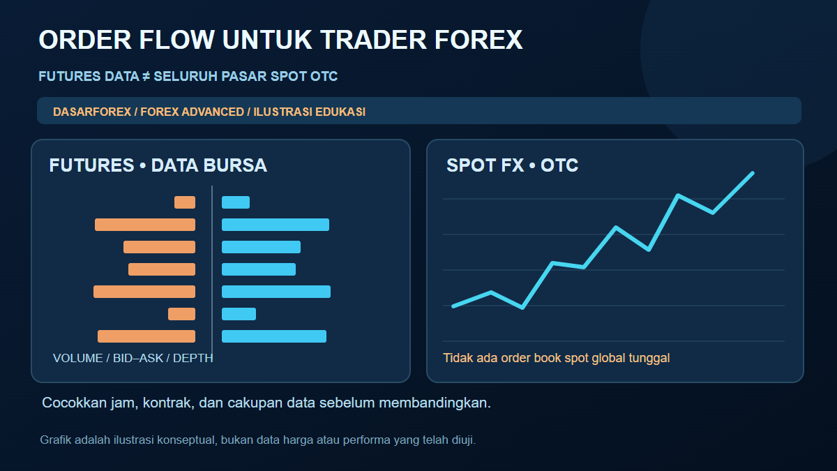 Perbandingan visual order flow futures dengan kuotasi spot forex OTC dan batas cakupan data pasar