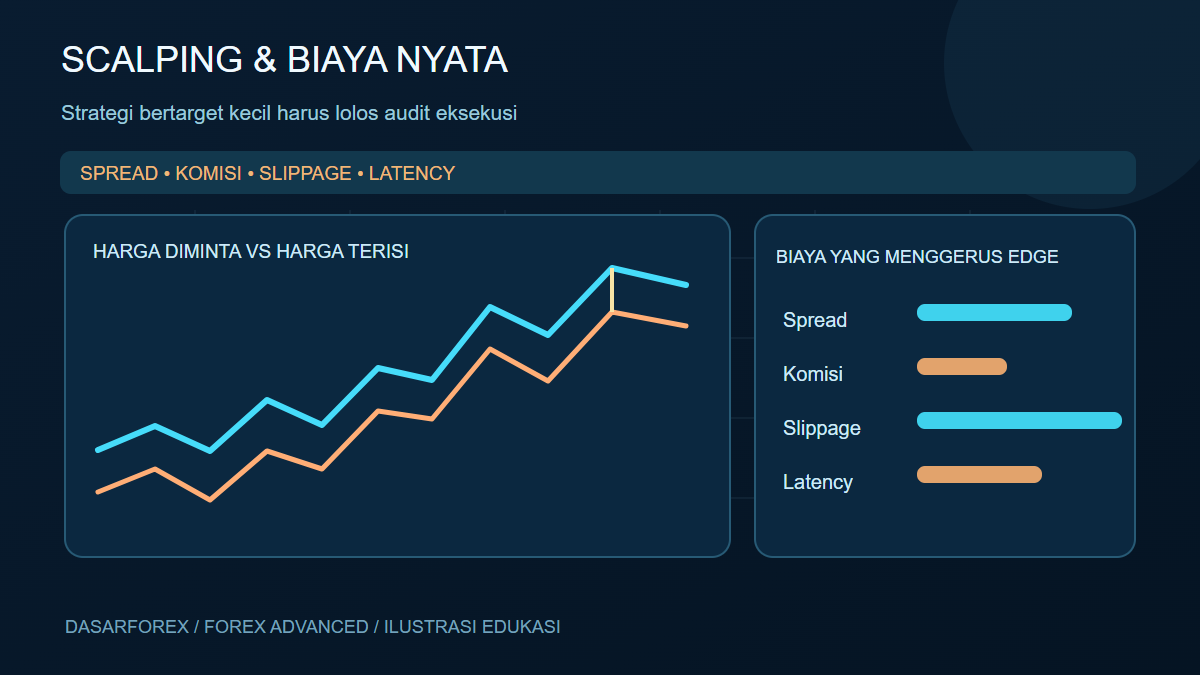 Diagram perbandingan harga diminta dan harga terisi serta komponen spread komisi slippage latency scalping