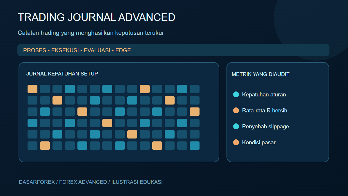 Dashboard trading journal advanced: kepatuhan setup, hasil transaksi dan faktor eksekusi