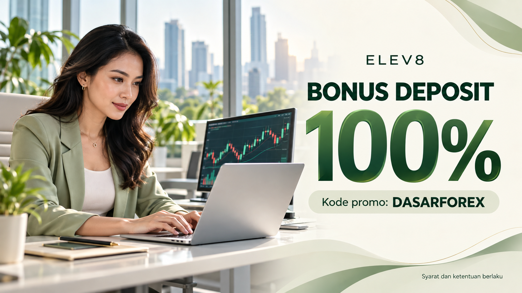 Ilustrasi trader perempuan di kantor modern untuk promo bonus deposit 100% ELEV8 dengan kode DASARFOREX.